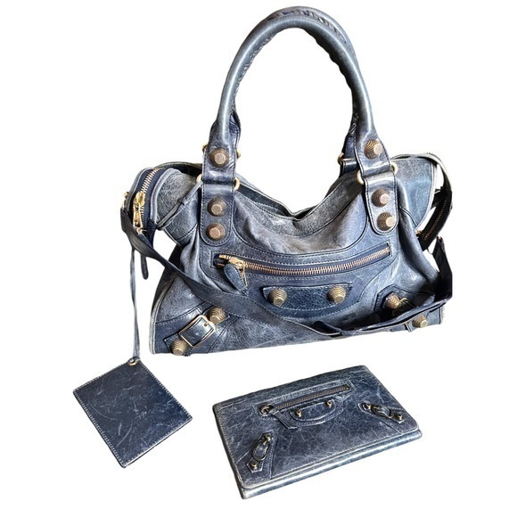 Balenciaga Handbags - BALENCIAGA Moto Le City Giant Blue 
Lambskin Leather Handbag &  Wallet